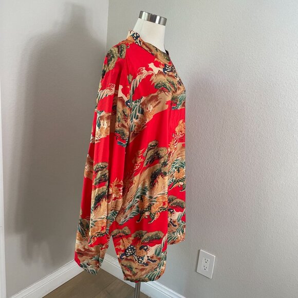 Citron Santa Monica Womens Plus 2X Mandarin Collar Asian Print Tunic Top Blosue - Picture 3 of 12